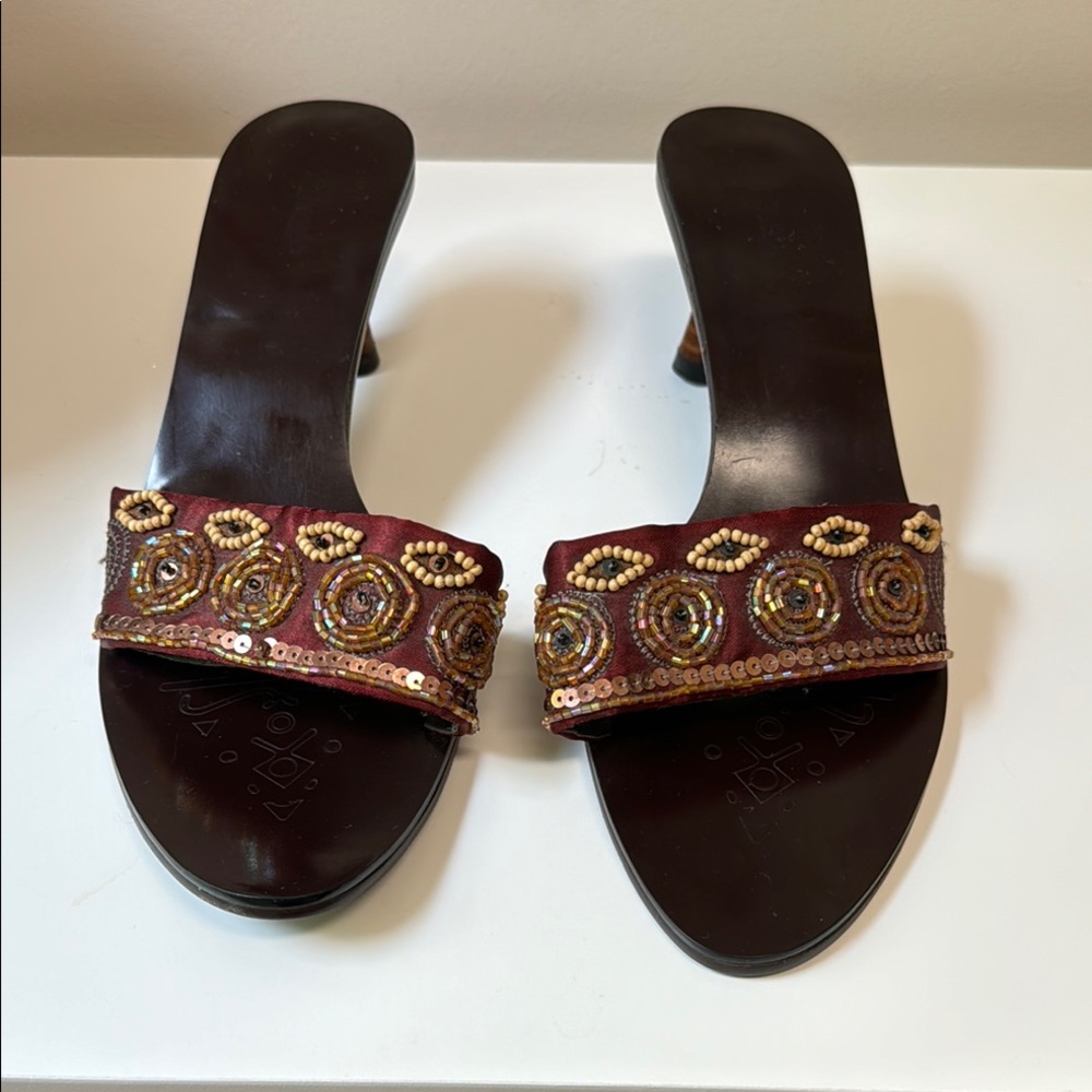 Sembonia Burgundy Beaded Women's Heeled Sandals